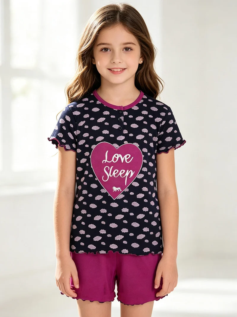 Pigiama corto da bambina in cotone - blu scuro