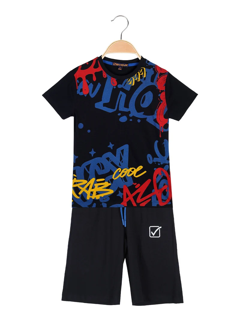 Completo corto da bambino in cotone con t-shirt e bermuda - blu scuro