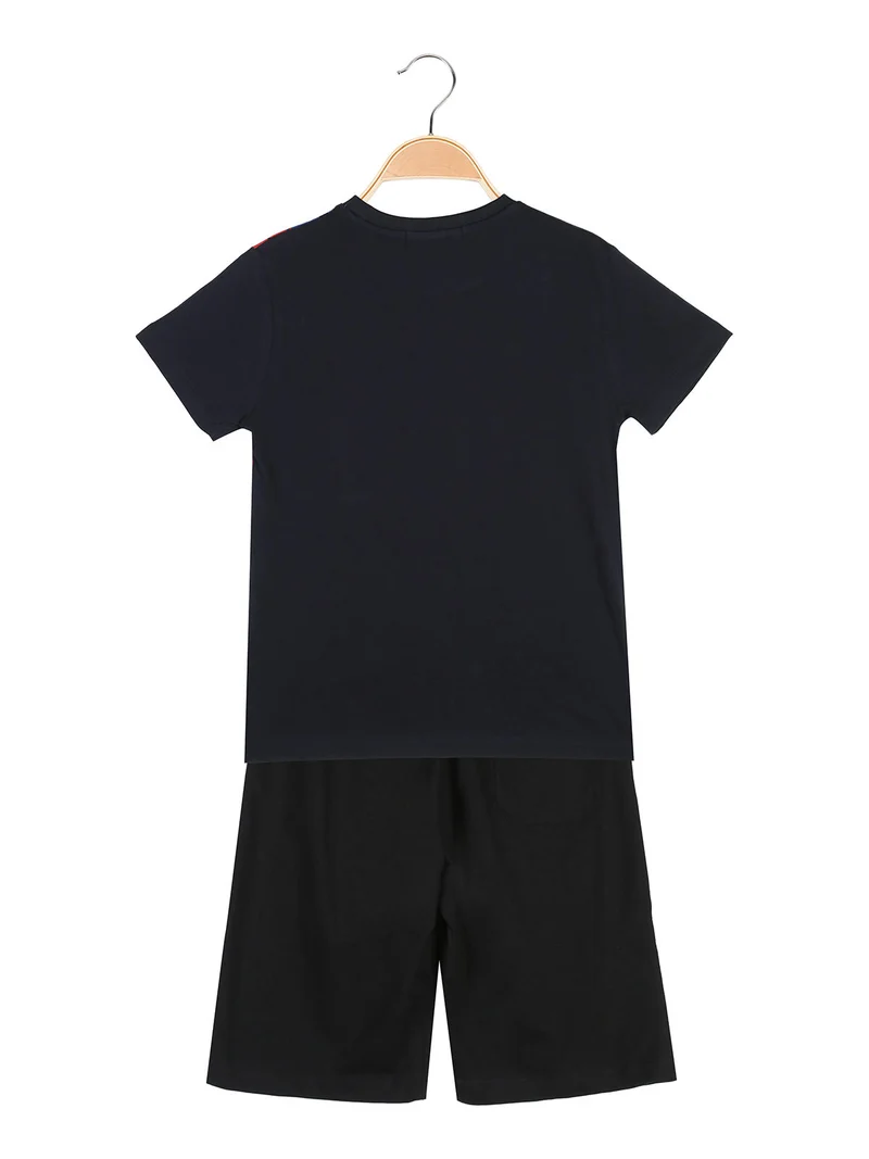 Completo corto da bambino in cotone con t-shirt e bermuda - blu scuro