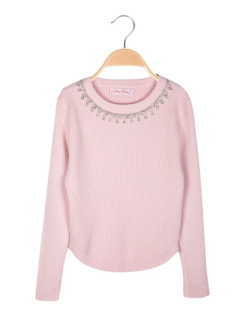 Pullover da bambina in maglia con girocollo di strass - rosa