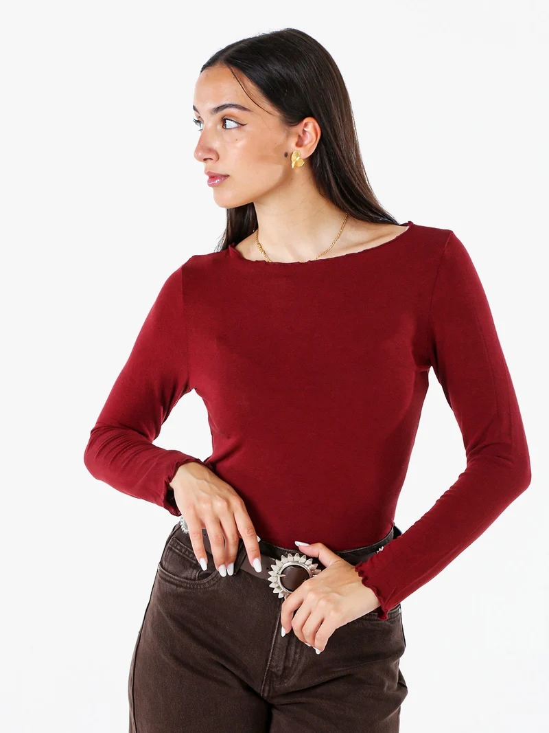 Maglia donna a maniche lunghe con scollo a barchetta - bordeaux