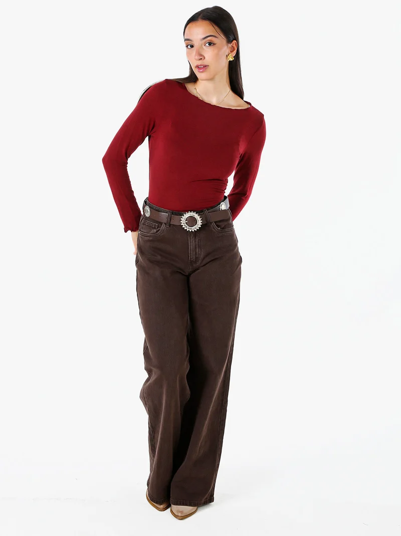Maglia donna a maniche lunghe con scollo a barchetta - bordeaux