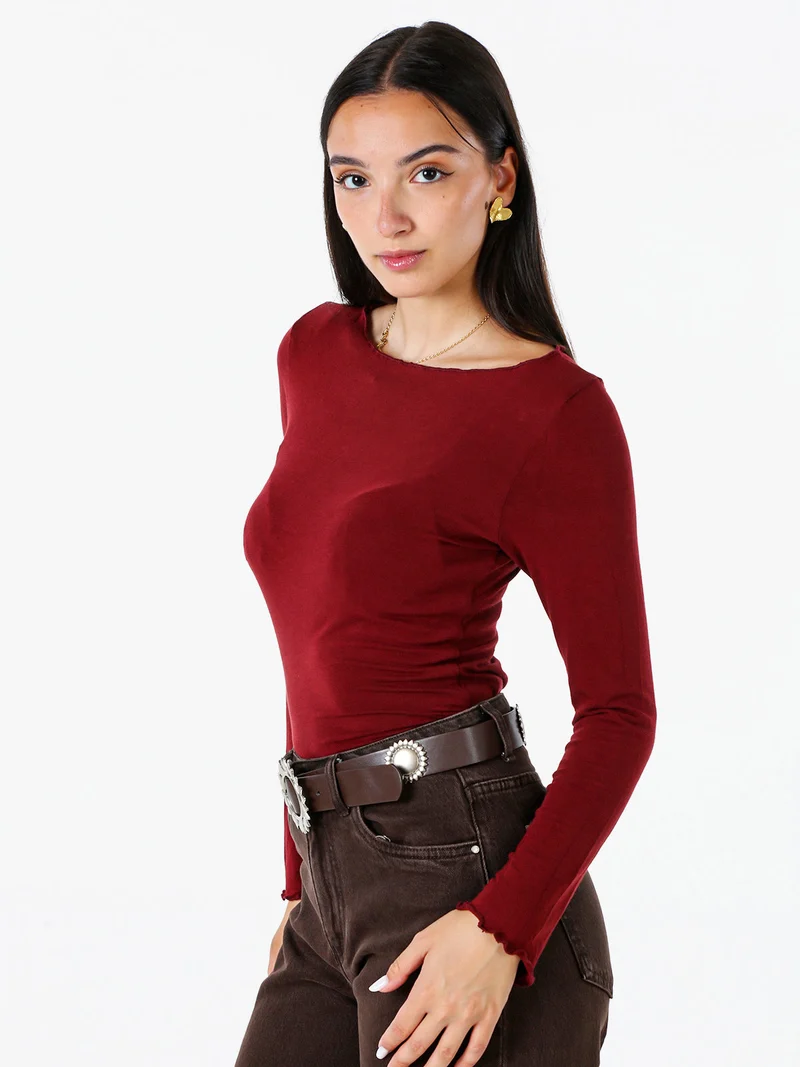Maglia donna a maniche lunghe con scollo a barchetta - bordeaux