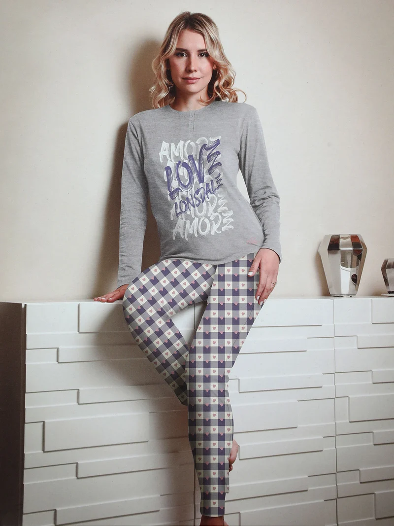 Pigiama lungo da donna in cotone con pantaloni a quadri - grigio