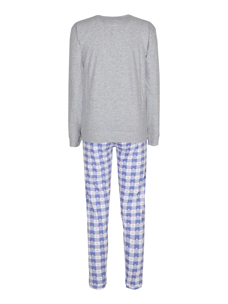 Pigiama lungo da donna in cotone con pantaloni a quadri - grigio