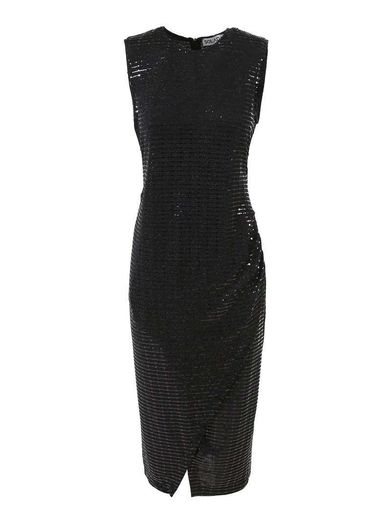 Abito smanicato da donna in tessuto effetto brillante con spacco - nero