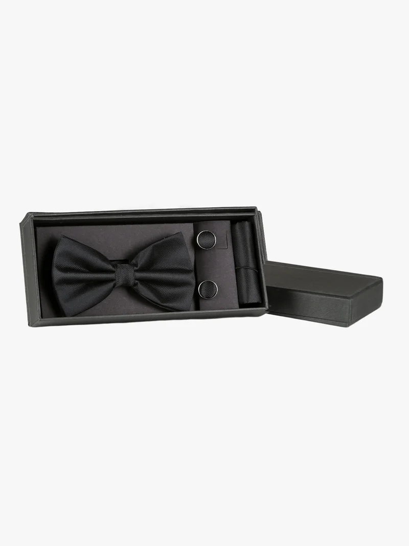 Set 3 pezzi uomo con papillon gemelli e fazzoletto - nero