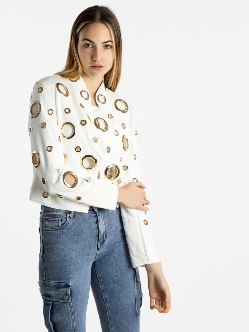 Giacca donna in tessuto scamosciato con anelli - bianco