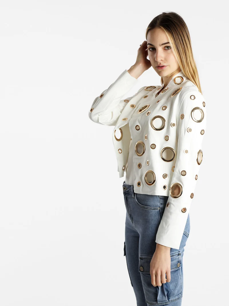 Giacca donna in tessuto scamosciato con anelli - bianco