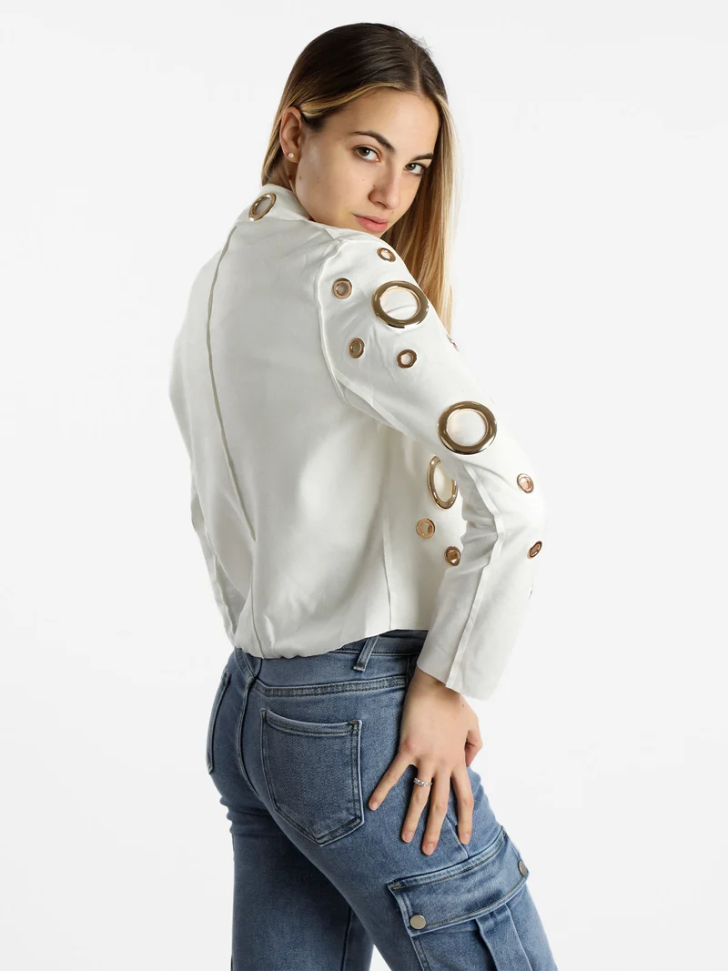 Giacca donna in tessuto scamosciato con anelli - bianco