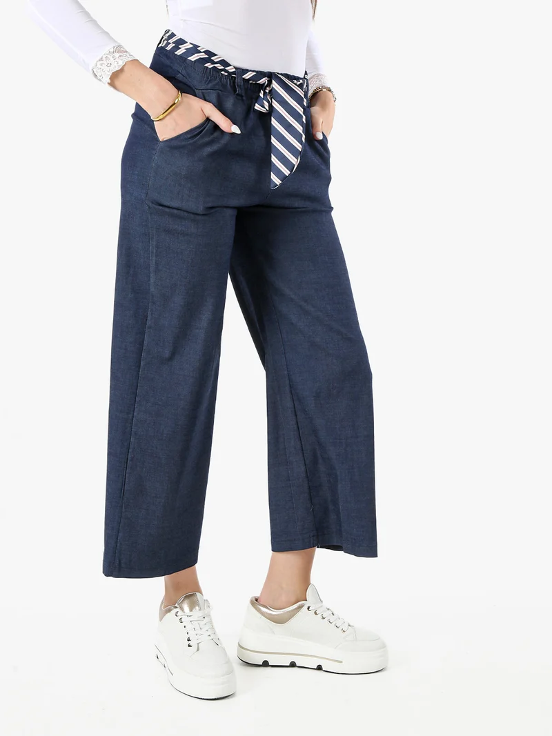 Pantaloni donna culotte effetto jeans con cintura a foulard - jeans