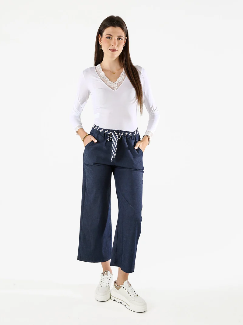 Pantaloni donna culotte effetto jeans con cintura a foulard - jeans