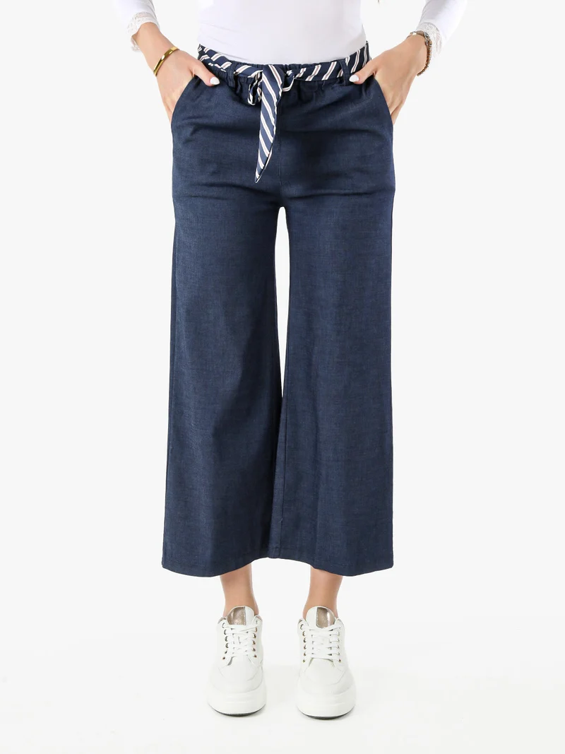 Pantaloni donna culotte effetto jeans con cintura a foulard - jeans
