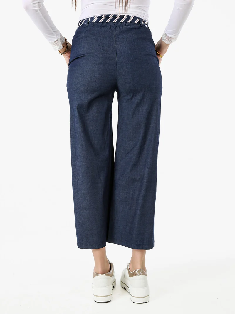 Pantaloni donna culotte effetto jeans con cintura a foulard - jeans