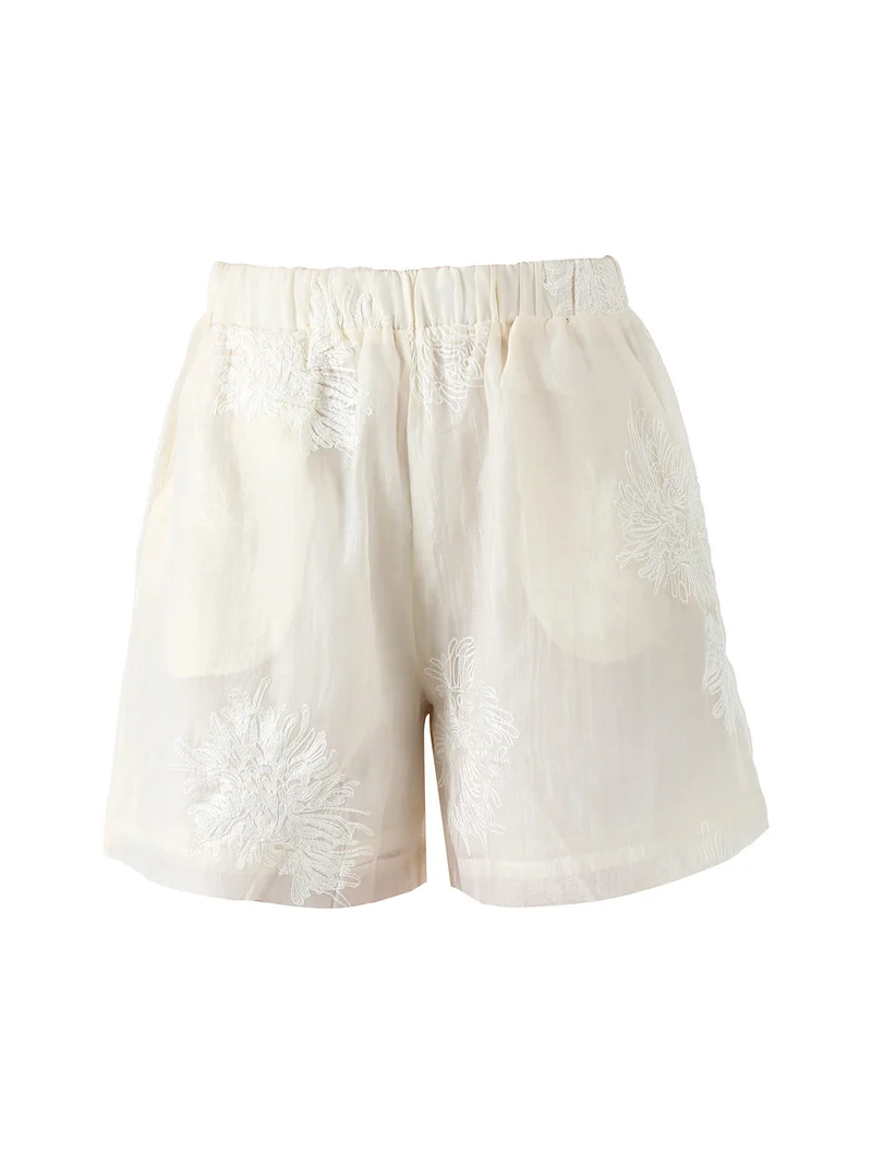 Shorts donna a vita alta con ricami - panna