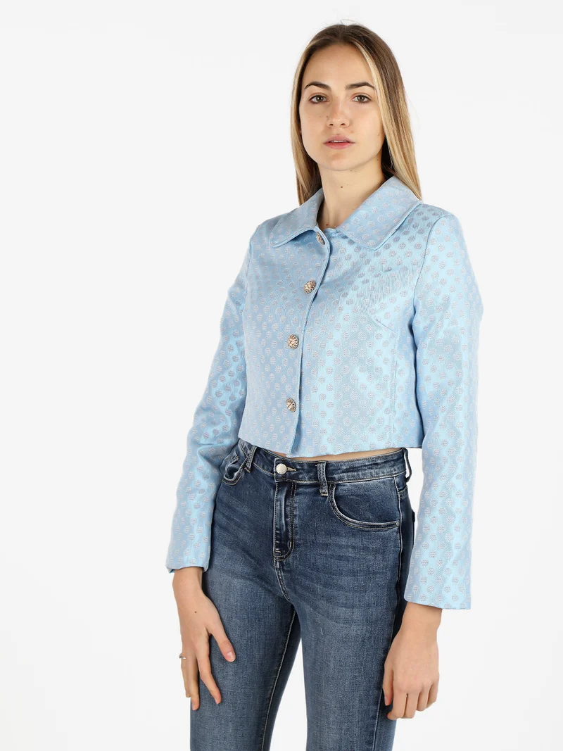 Giacca donna corta con bottoni gioiello - azzurro