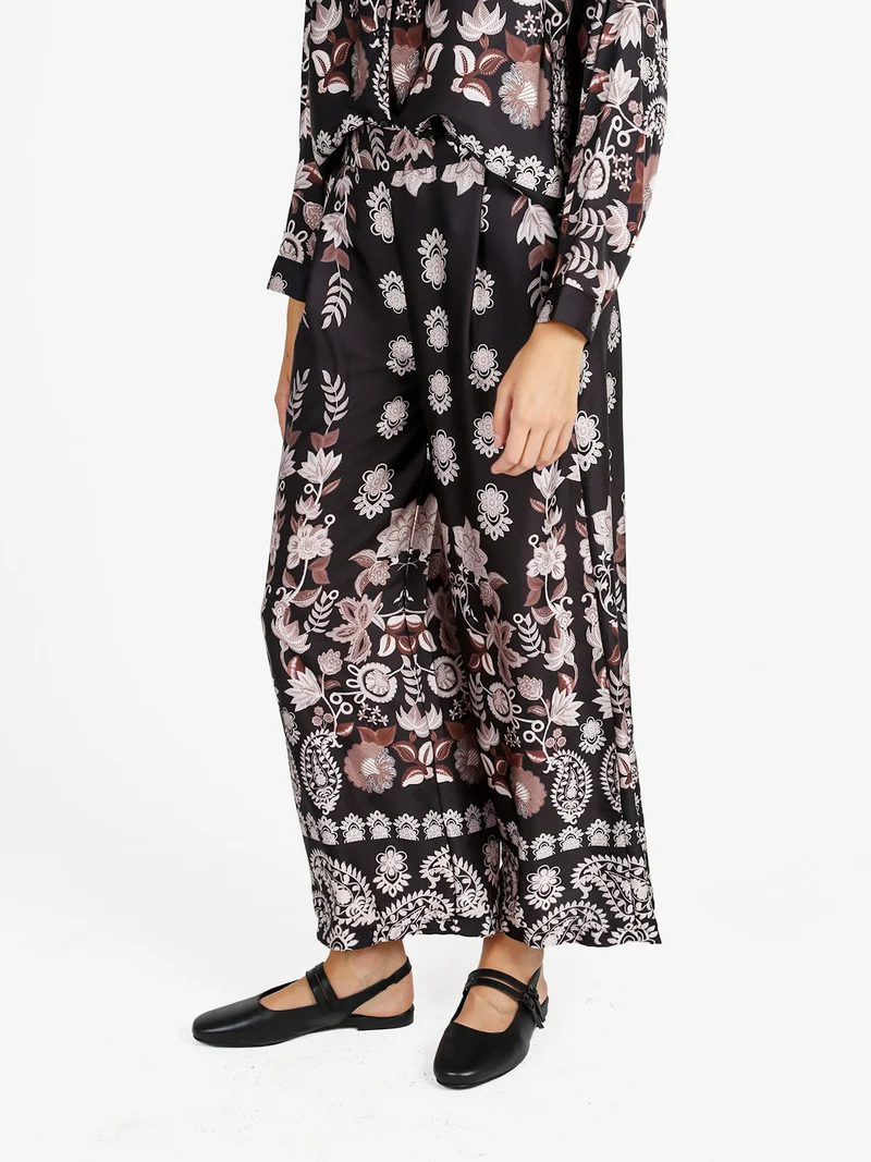 Pantaloni donna effetto raso con stampe - nero