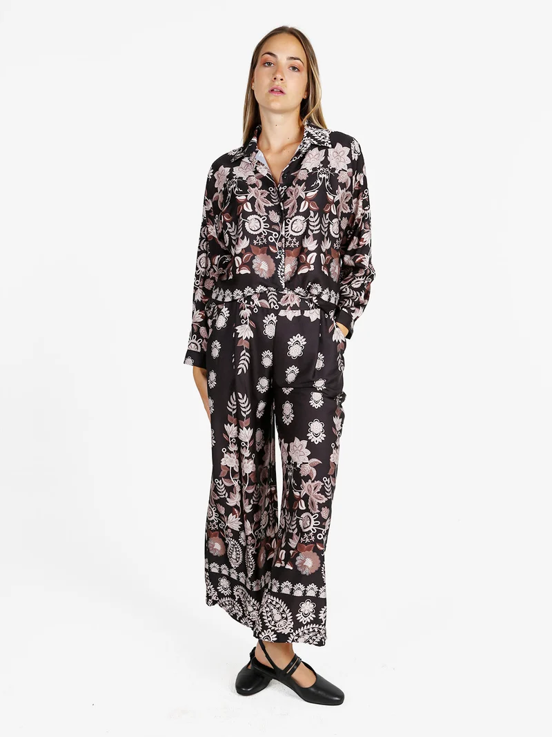 Pantaloni donna effetto raso con stampe - nero