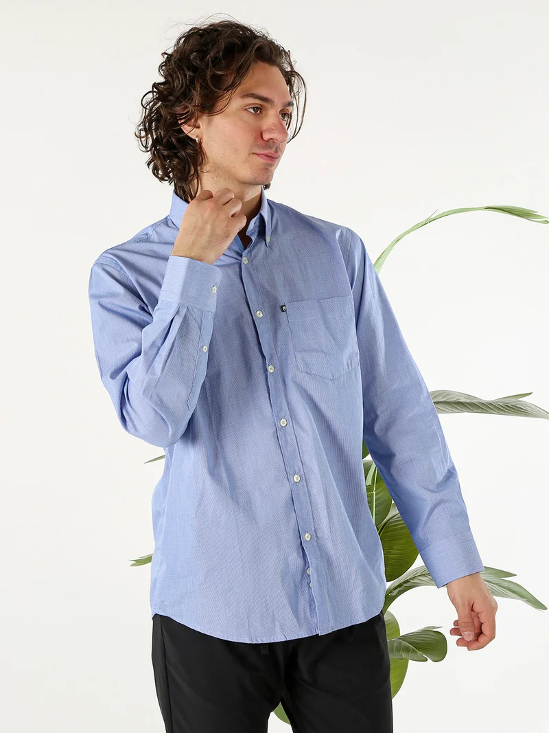 Camicia da uomo in cotone a maniche lunghe con stampa texture - blu