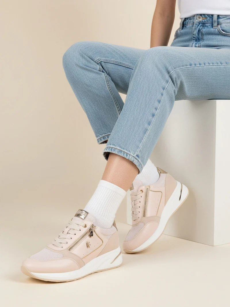 Sneakers donna con zeppa e zip - panna