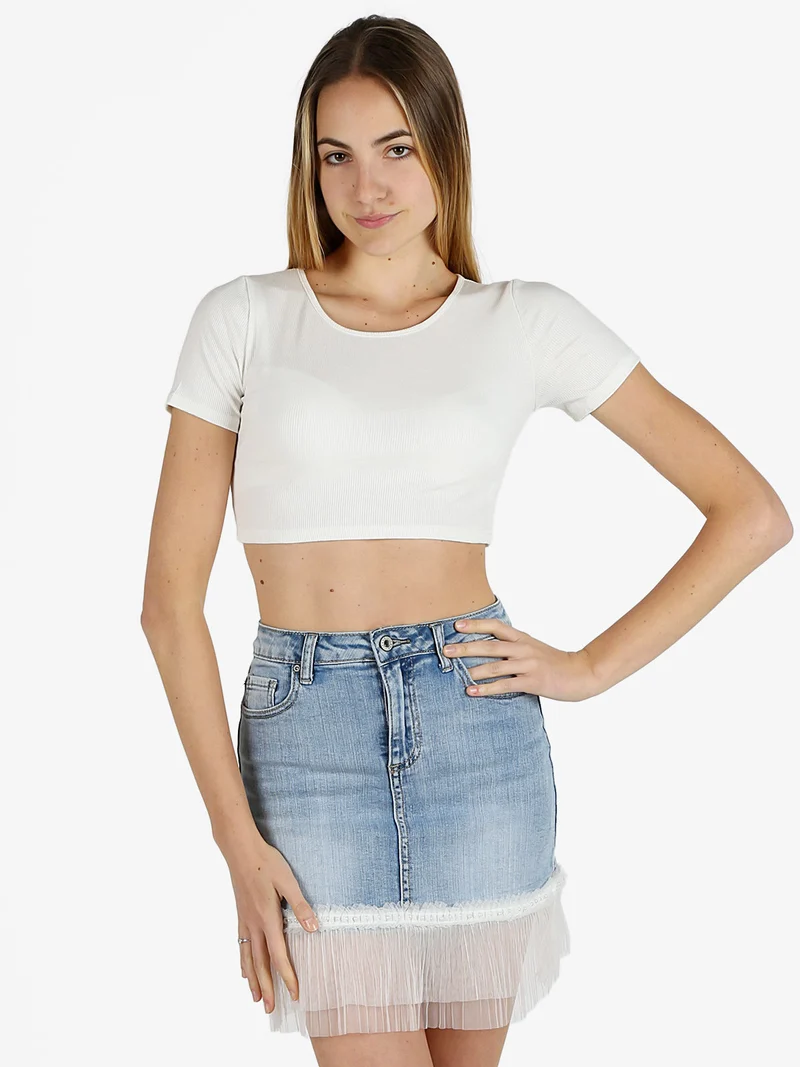 T-shirt cropped donna a costine - bianco