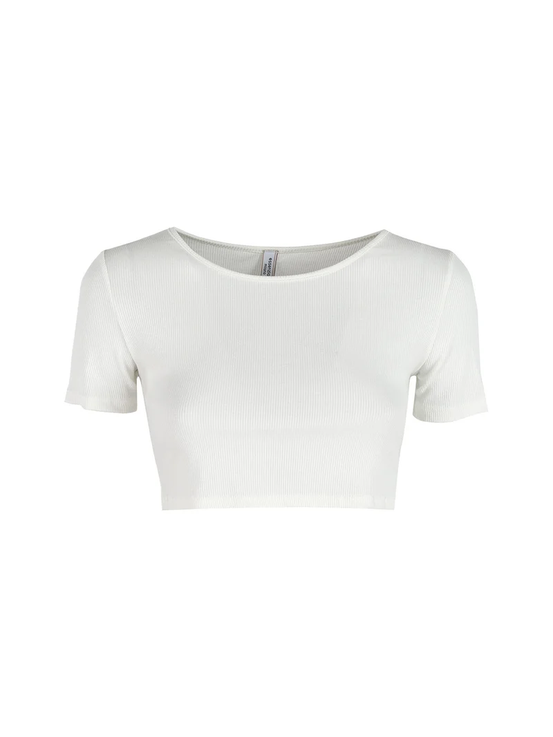 T-shirt cropped donna a costine - bianco