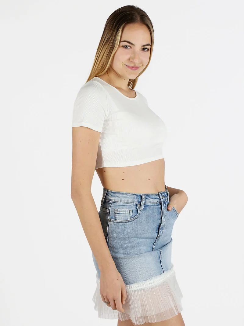 T-shirt cropped donna a costine - bianco
