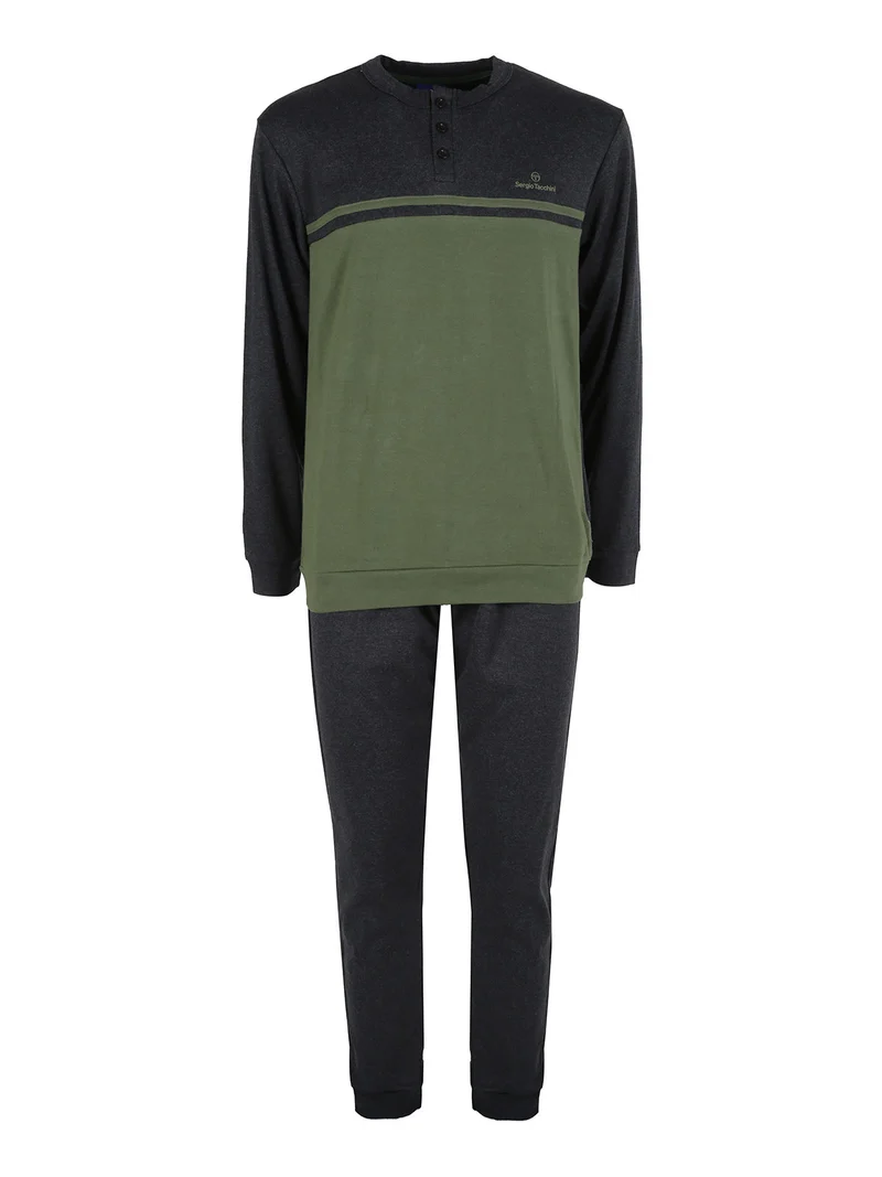 Pigiama lungo da uomo in cotone interlock - verde