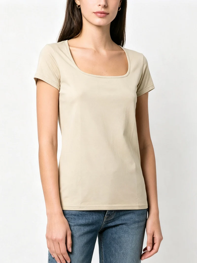T-shirt da donna in cotone con scollo quadrato - naturale