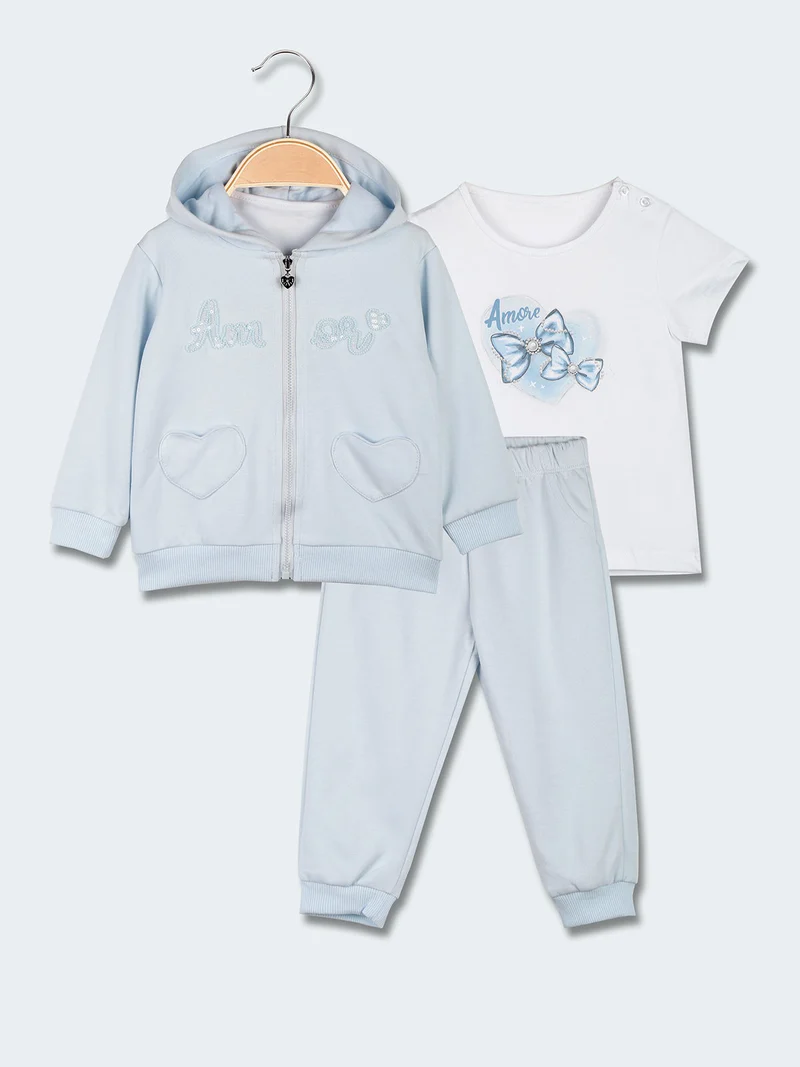 Completo da neonata 3 pezzi con cappuccio e zip - azzurro