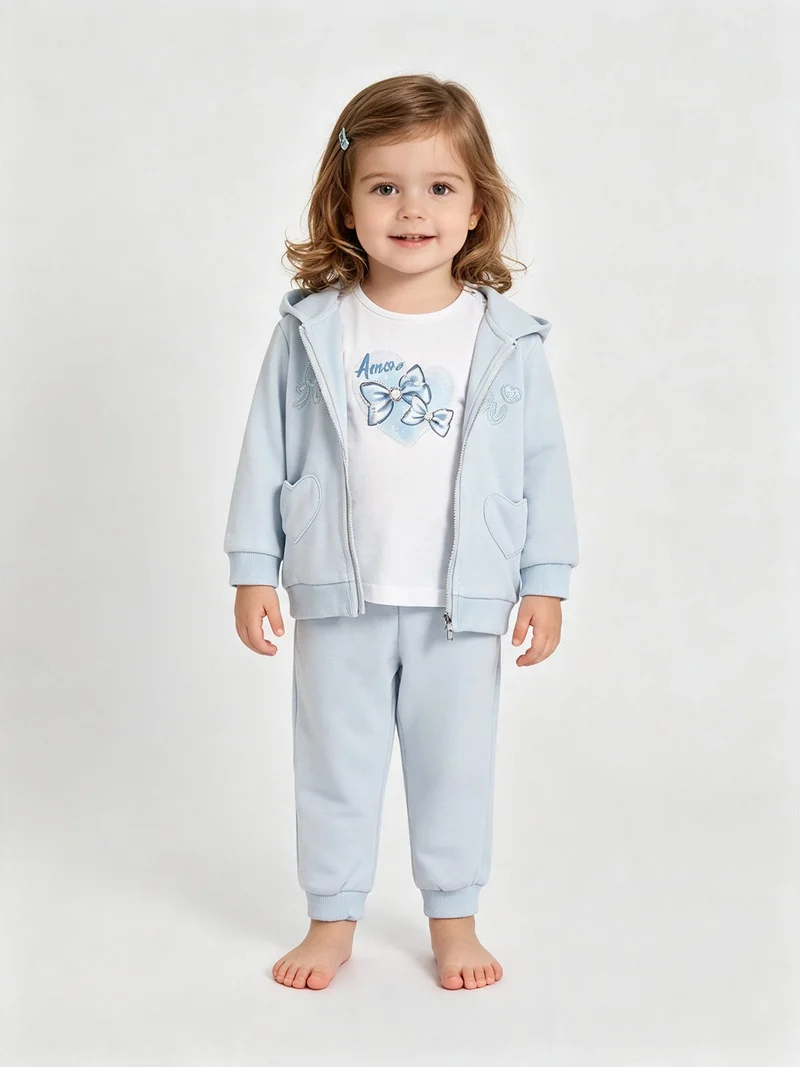 Completo da neonata 3 pezzi con cappuccio e zip - azzurro