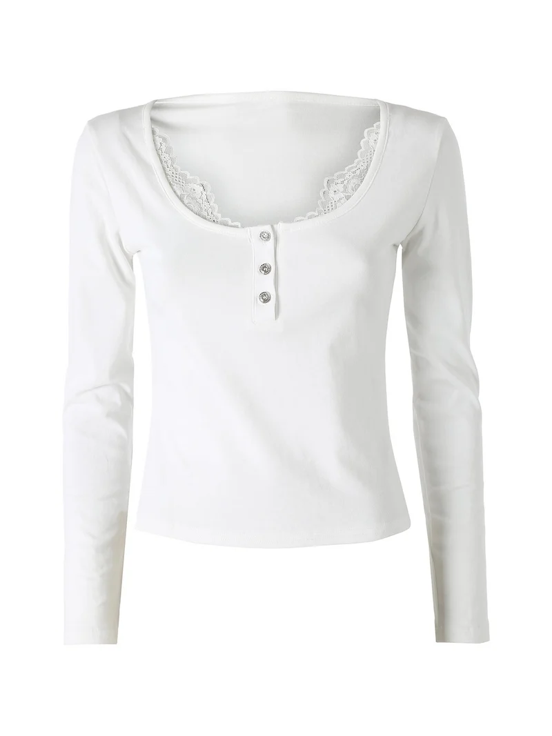 Maglietta donna in cotone a maniche lunghe con dettaglio di pizzo - bianco
