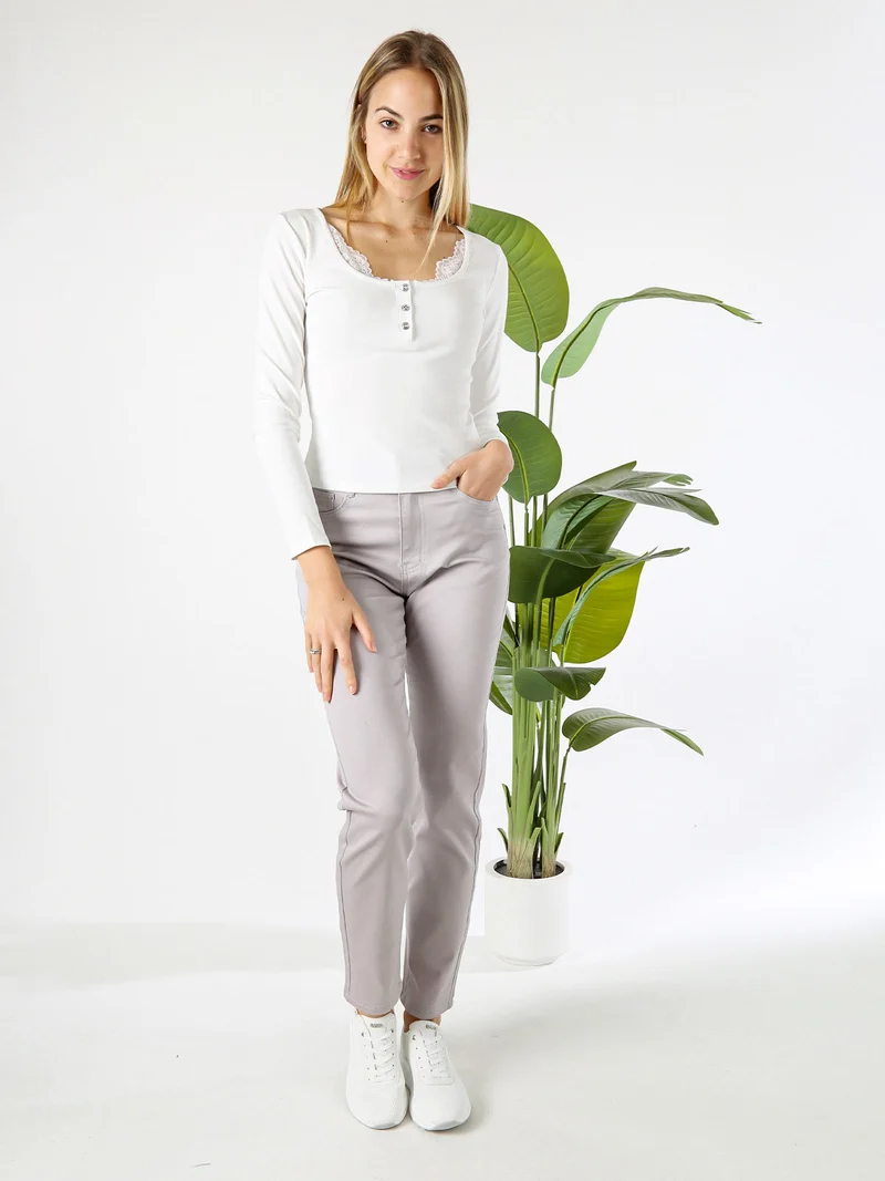 Maglietta donna in cotone a maniche lunghe con dettaglio di pizzo - bianco