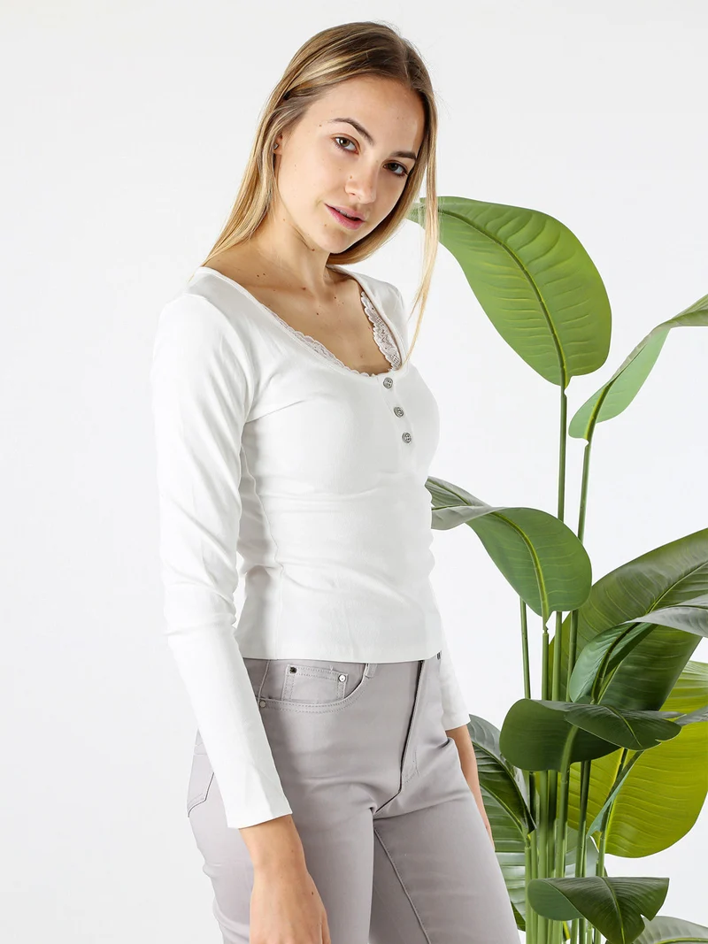 Maglietta donna in cotone a maniche lunghe con dettaglio di pizzo - bianco