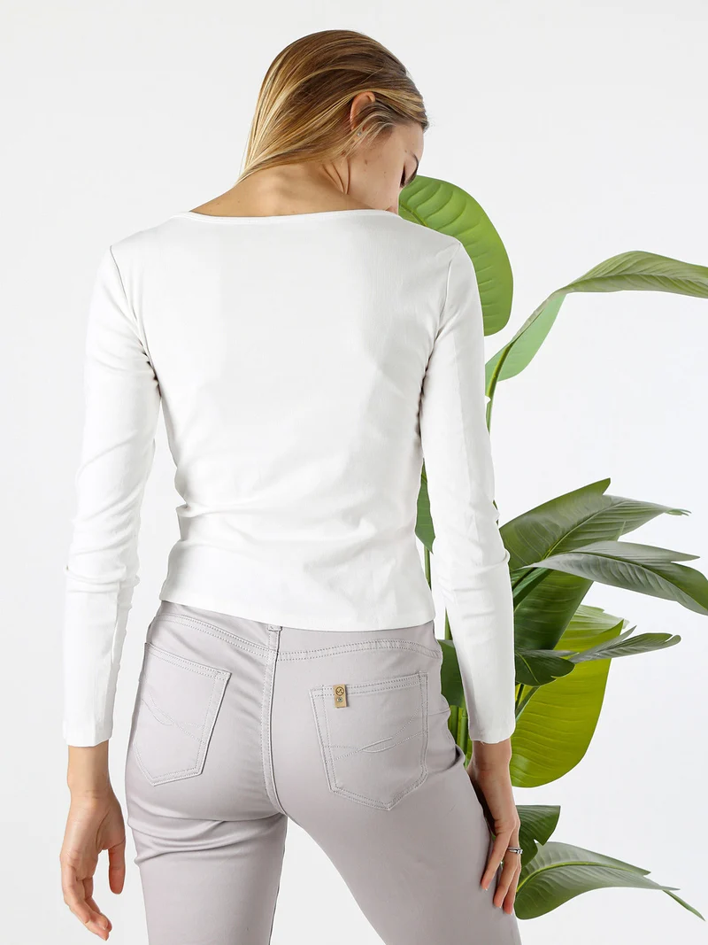 Maglietta donna in cotone a maniche lunghe con dettaglio di pizzo - bianco