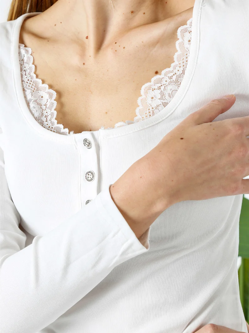Maglietta donna in cotone a maniche lunghe con dettaglio di pizzo - bianco