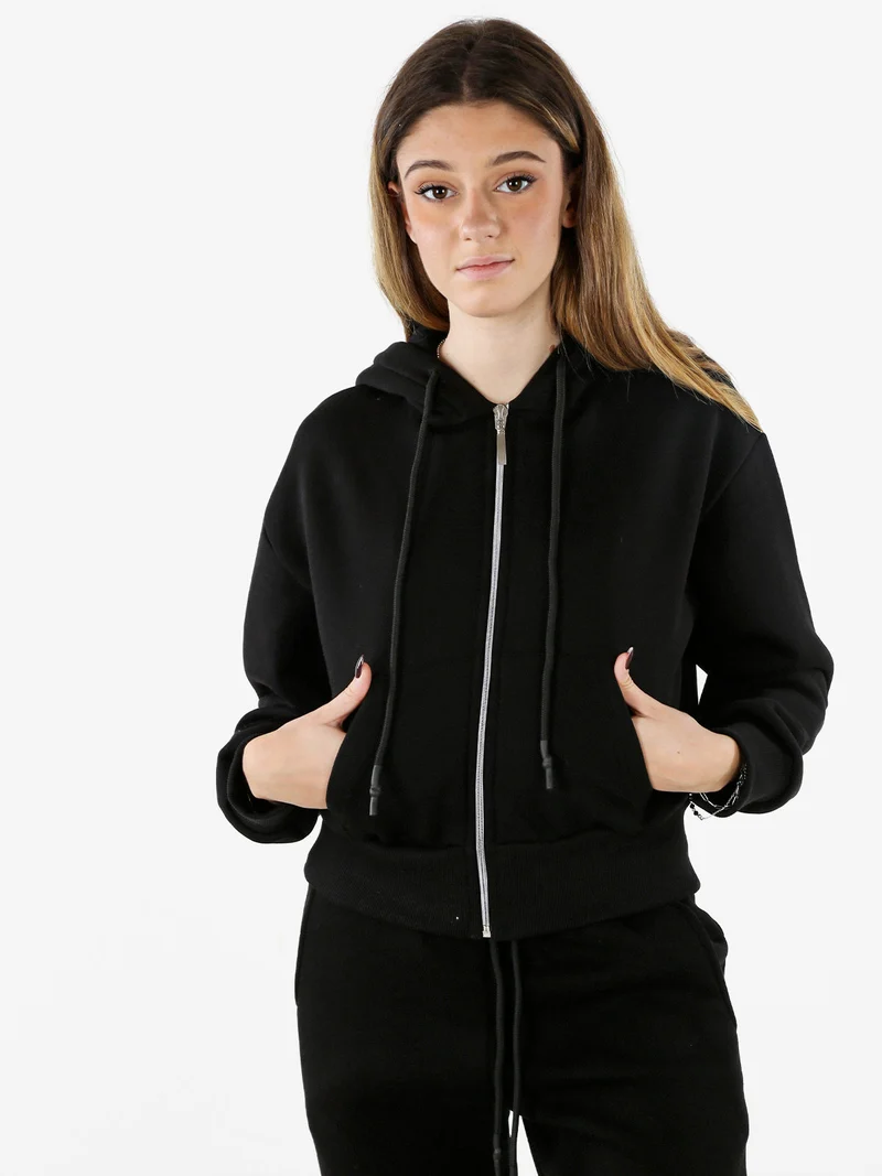 Felpa donna pesante con cappuccio e zip - nero