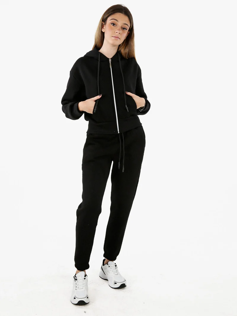 Felpa donna pesante con cappuccio e zip - nero