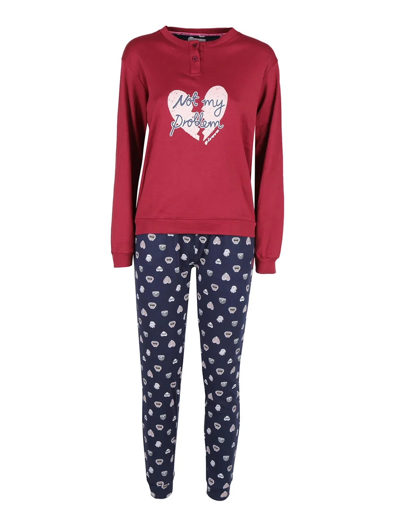 Pigiama lungo da donna in cotone interlock - bordeaux