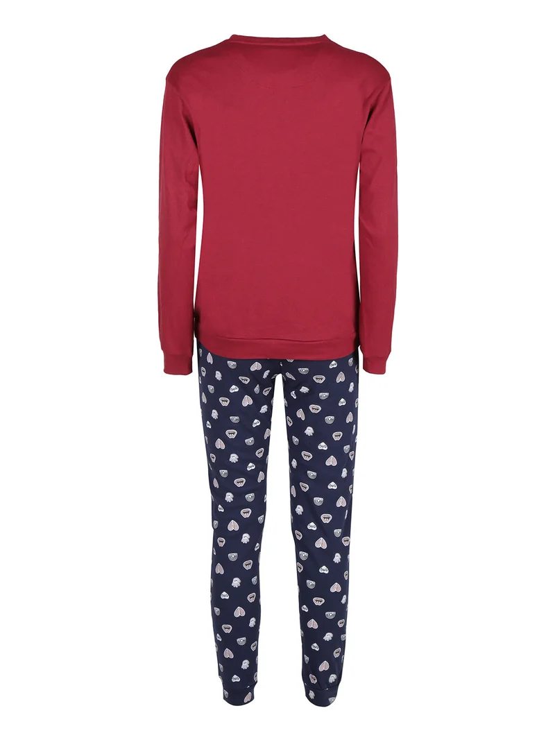 Pigiama lungo da donna in cotone interlock - bordeaux