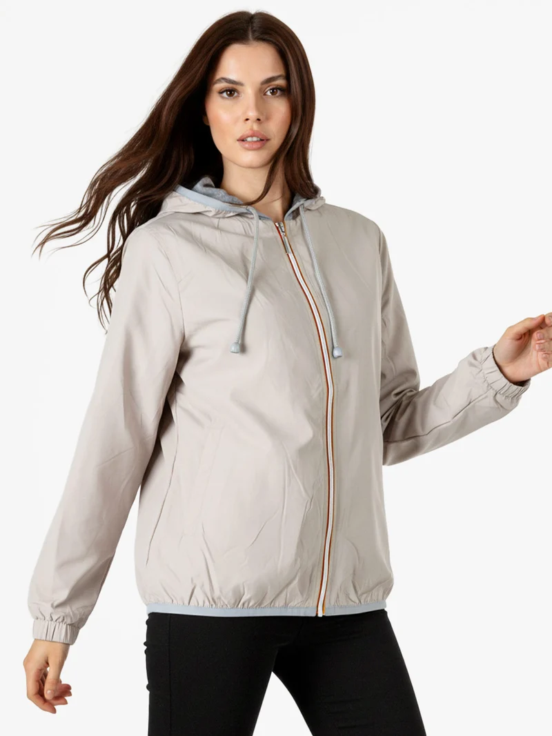 Giacca a vento da donna con cappuccio e zip - beige
