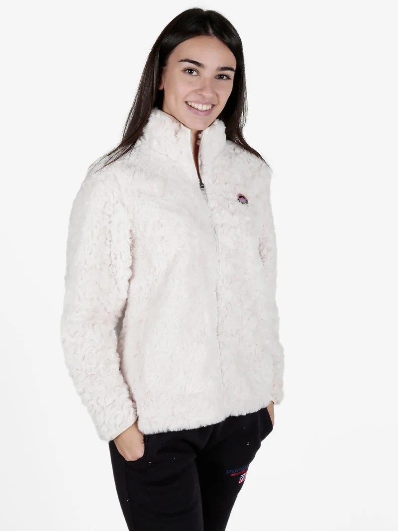Giacca donna sportiva in ecopelo con zip - panna