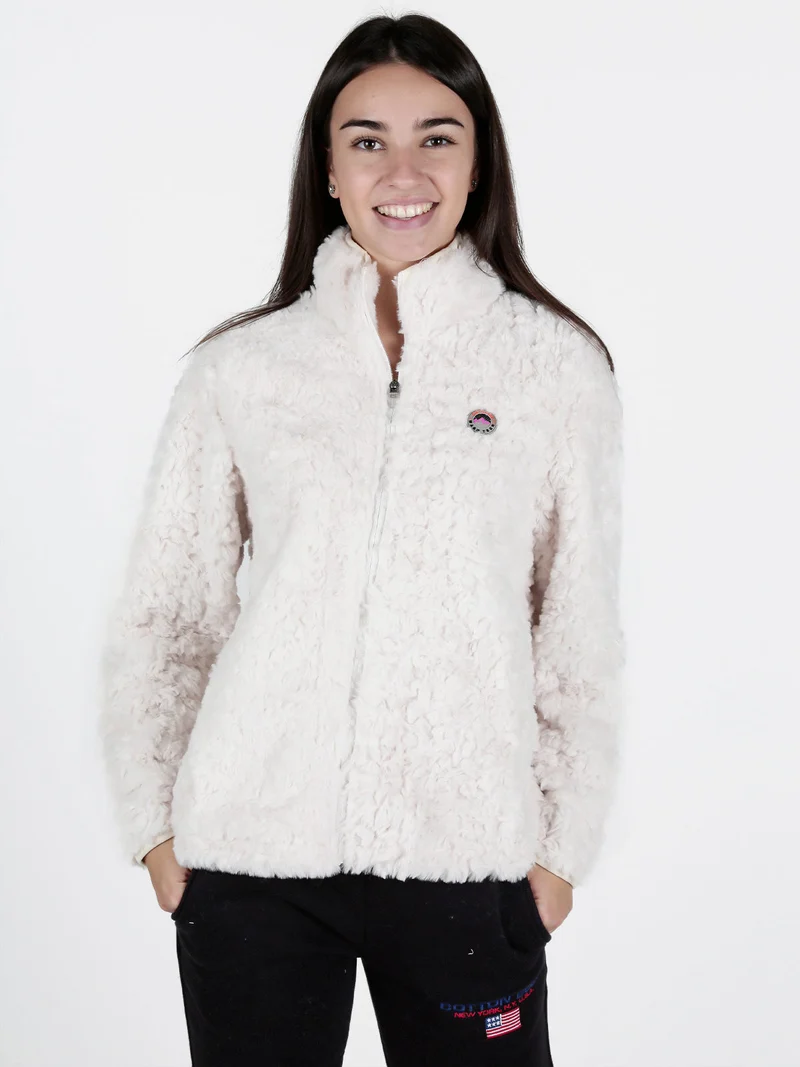 Giacca donna sportiva in ecopelo con zip - panna