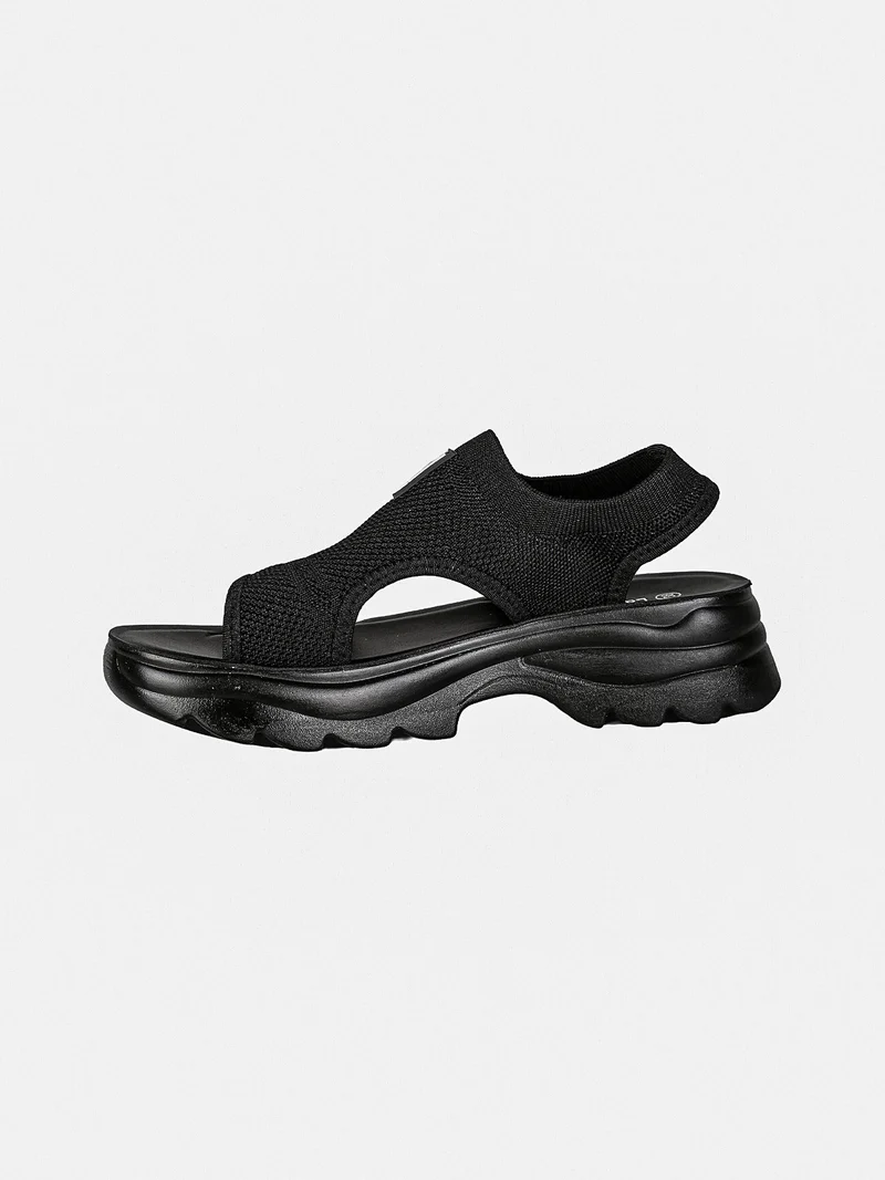 Sandali donna sportivi con fascia in maglia e cinturino - nero
