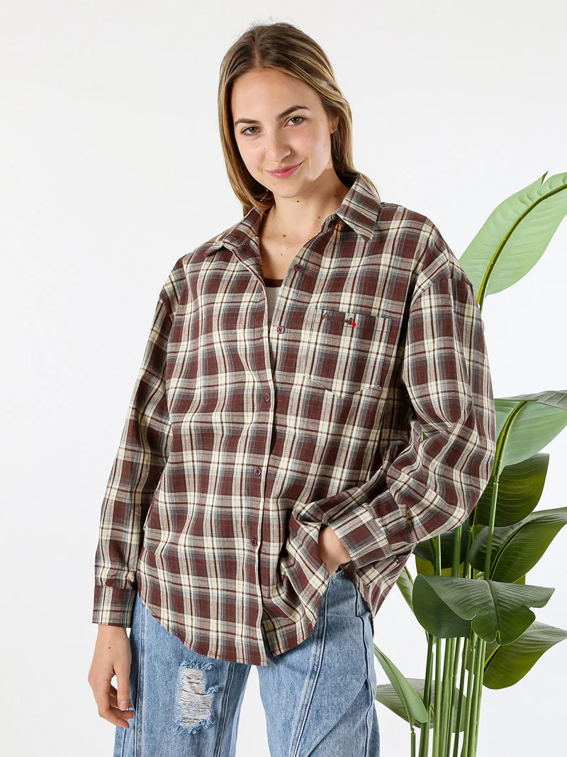 Set 2 pezzi camicia oversize a quadri da donna con top coordinato - marrone