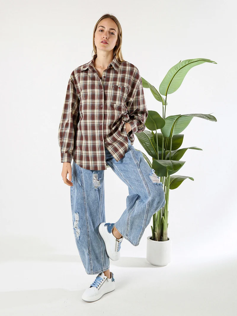 Set 2 pezzi camicia oversize a quadri da donna con top coordinato - marrone