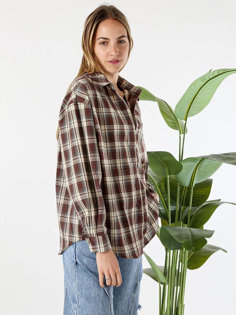 Set 2 pezzi camicia oversize a quadri da donna con top coordinato - marrone