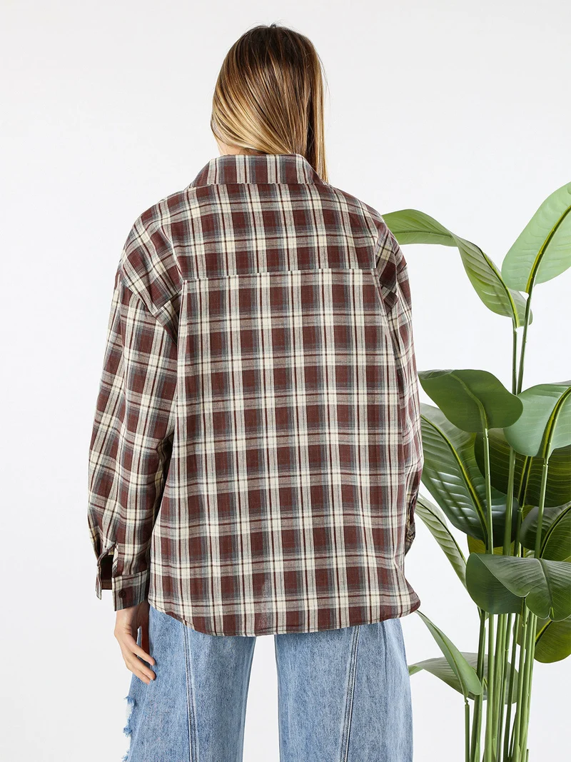 Set 2 pezzi camicia oversize a quadri da donna con top coordinato - marrone