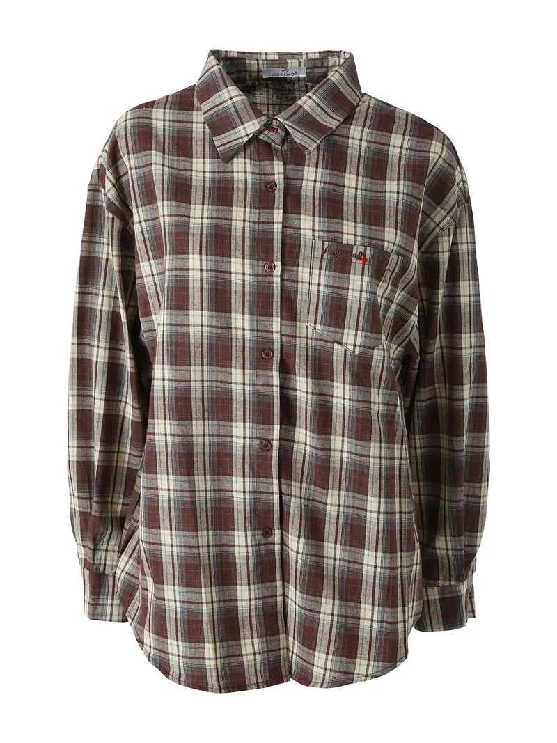 Set 2 pezzi camicia oversize a quadri da donna con top coordinato - marrone
