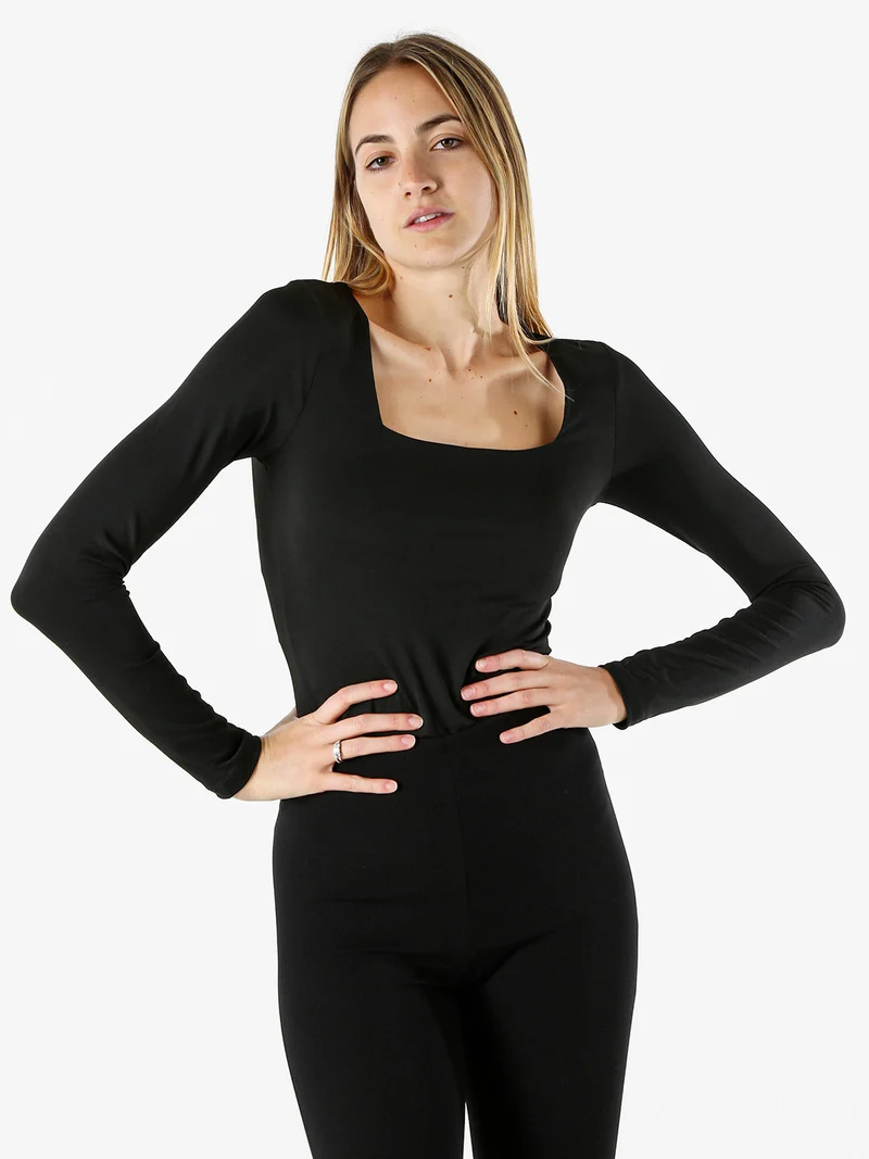Top body donna a maniche lunghe con scollo quadrato - nero